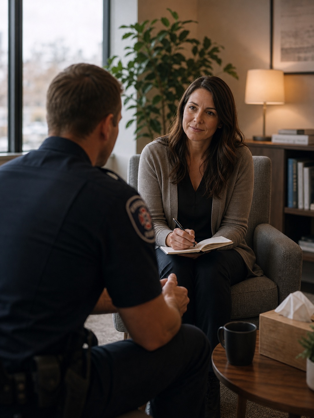 First responder in a confidential counselling session with a trauma-informed therapist